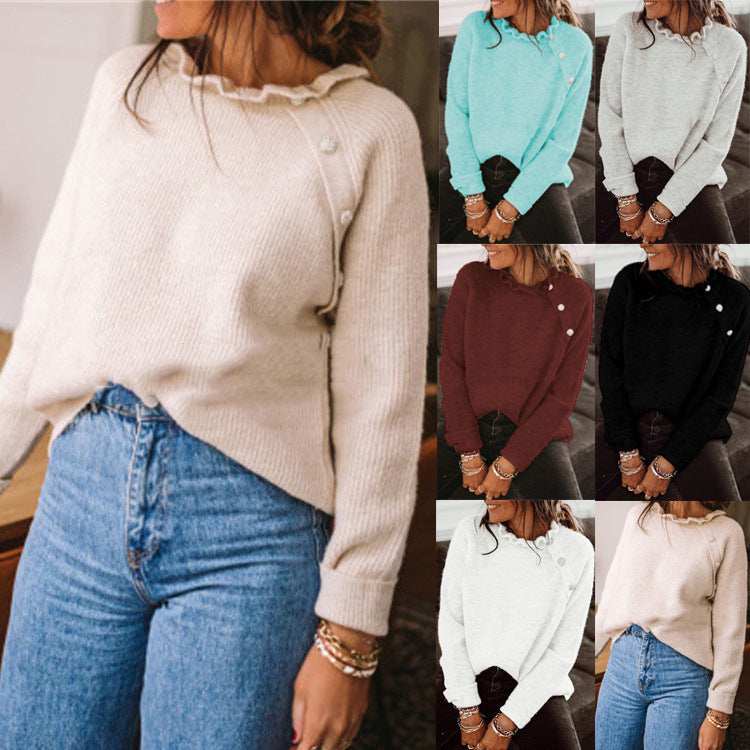 Pull en maille côtelée pour femmes avec col à volants et patte de boutonnage latérale