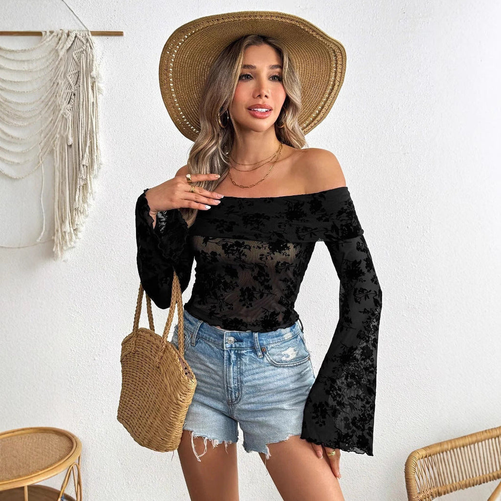 Top en résille sans manches pour femmes avec application en velours floral, coupe courte et manches trompette R&B
