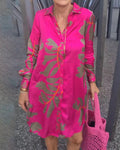 Robe chemise à manches longues pour femmes, tombé décontracté, avec boutonnière intégrale, col de chemise, manches avec poignets et grand imprimé botanique R&B