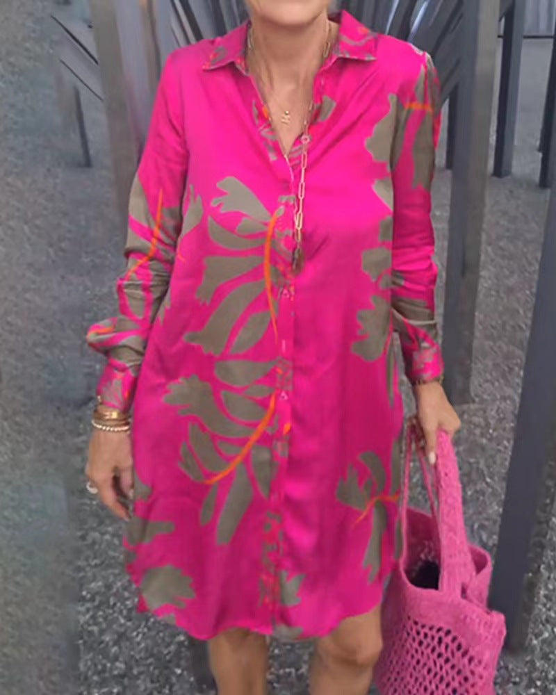 Robe chemise à manches longues pour femmes, tombé décontracté, avec boutonnière intégrale, col de chemise, manches avec poignets et grand imprimé botanique R&B
