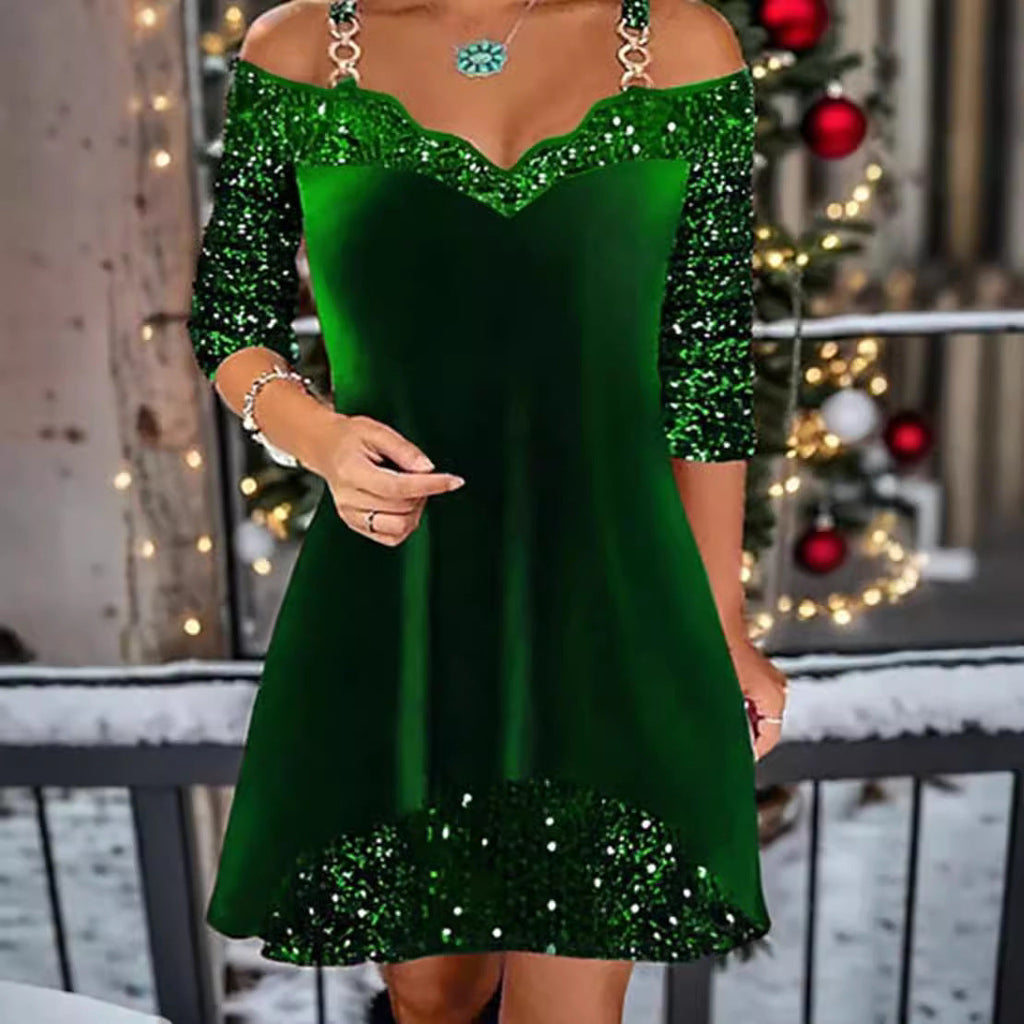 Robe swing sans manches en sequins pour femmes avec bretelles délicates, manches mi-longues et volant R&B