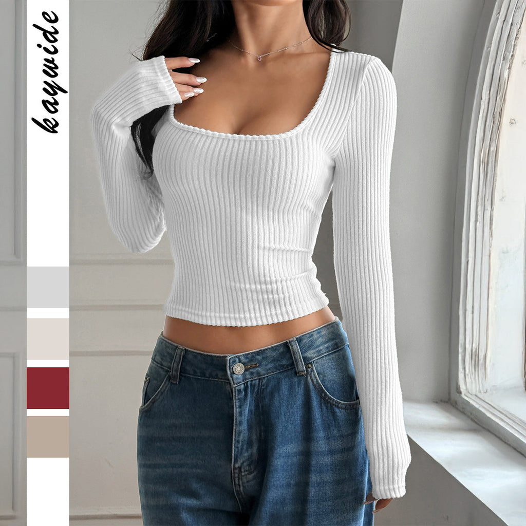 T-shirt long en maille côtelée cintré pour femmes avec décolleté carré profond et effet sculptant Echo Archiv