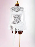 Robe mini en dentelle transparente pour femmes avec empiècement bandeau, jupe portefeuille froncée et manches longues R&B