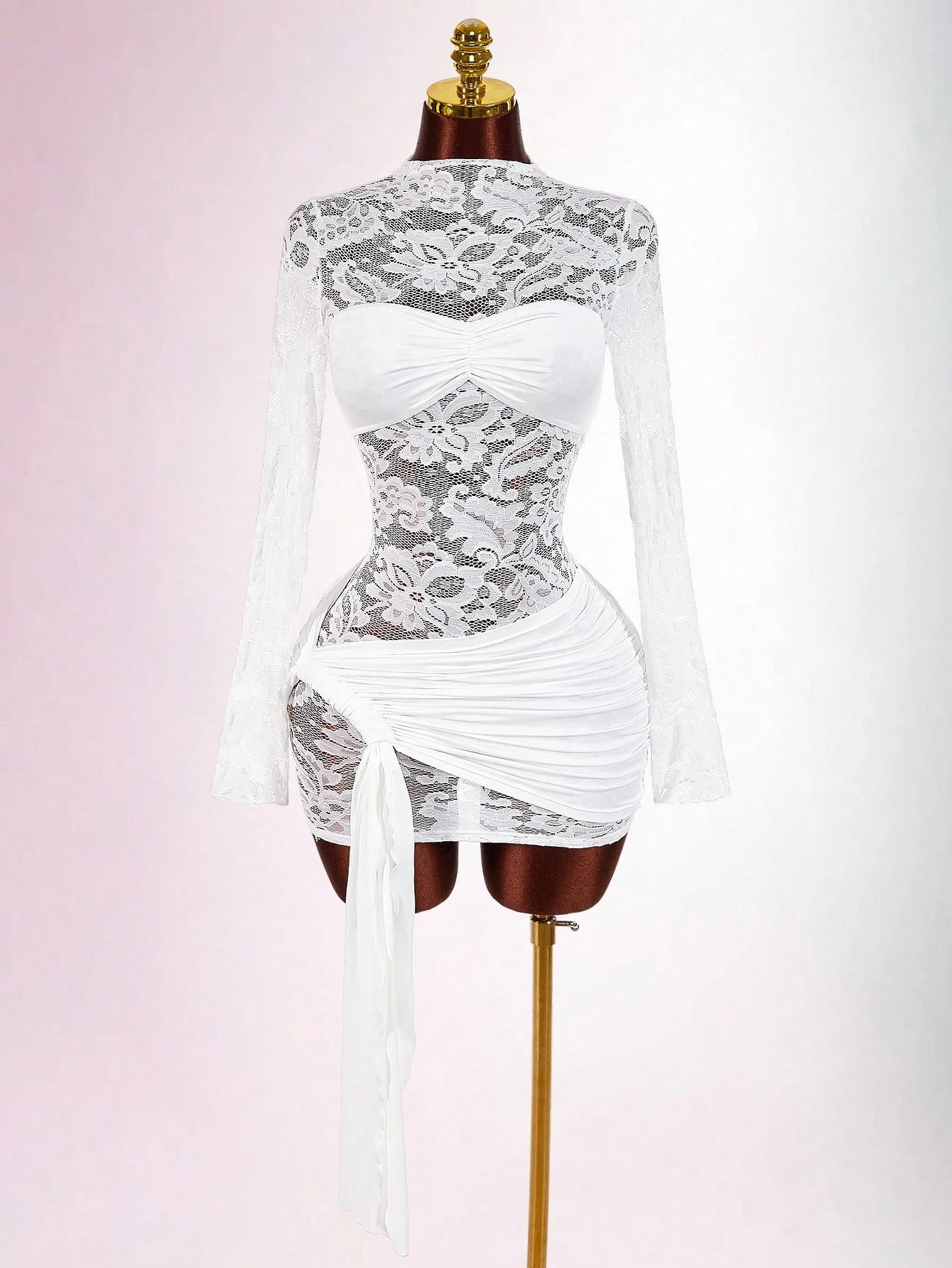 Robe mini en dentelle transparente pour femmes avec empiècement bandeau, jupe portefeuille froncée et manches longues R&B