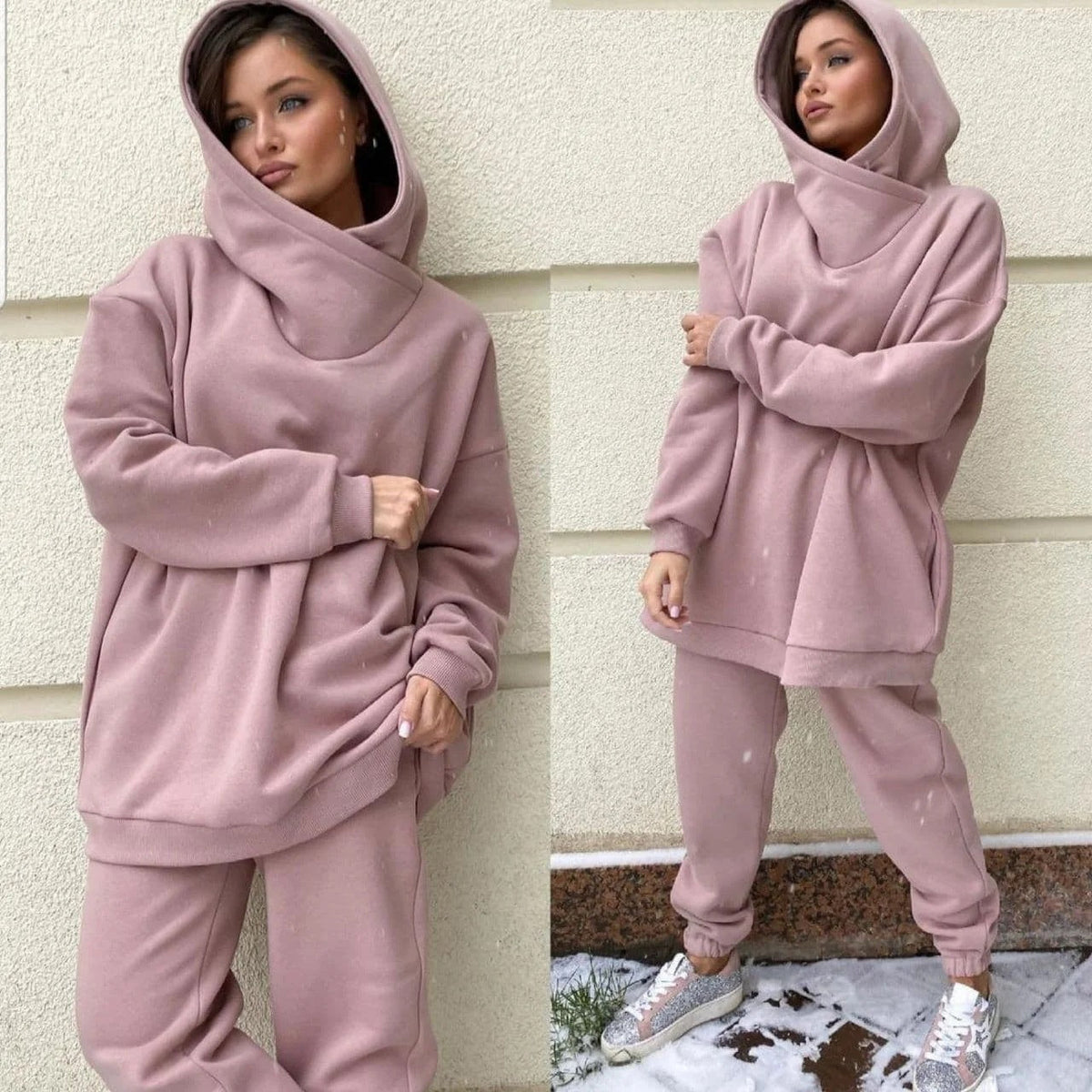 Ensemble en polaire oversize pour femmes avec capuche volumineuse, col châle incurvé et pantalon de jogging confortable