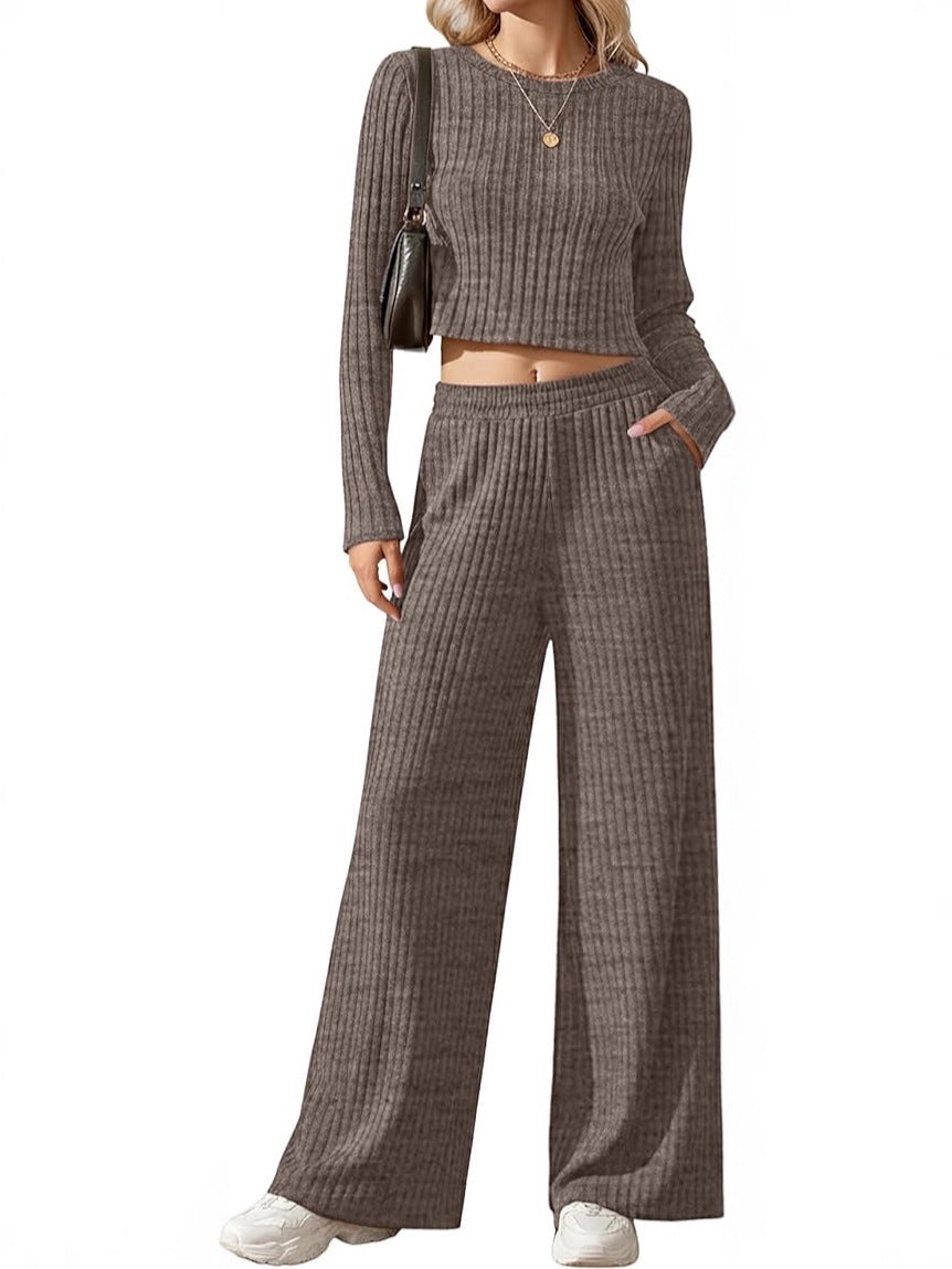 Ensemble Lounge en Tricot Fins Côtelé pour Femmes avec Top à Manches Longues Court et Pantalon Palazzo Taille Haute Echoarchiv