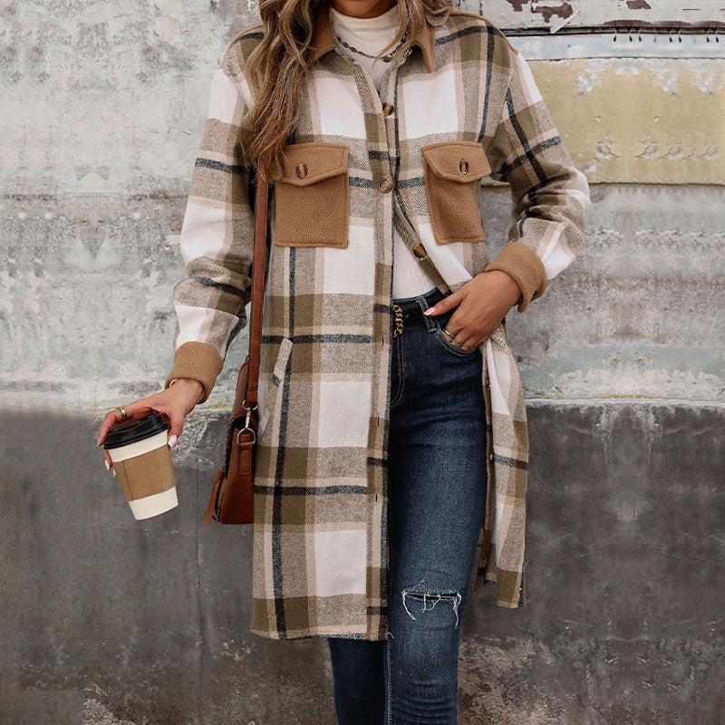 Veste à carreaux pour femme avec poches et boutons, manches longues