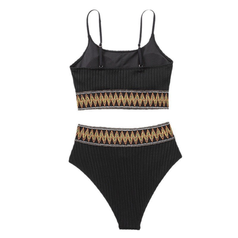 Ensemble de bikini taille haute pour femmes avec haut structuré et motif zigzag décoratif R&B