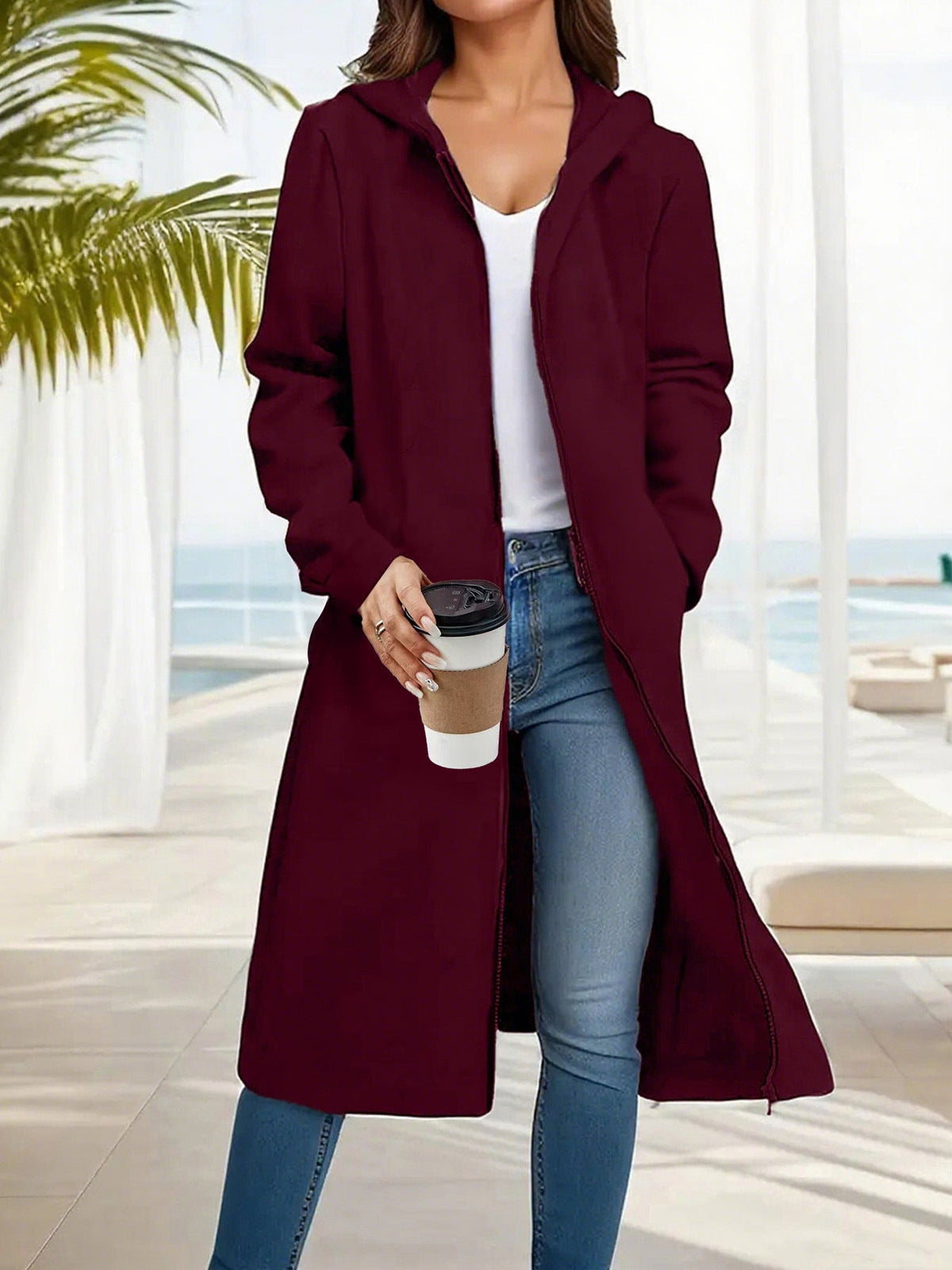 Manteau long à capuche pour femmes avec fermeture éclair intégrale et coupe A décontractée Echoarchiv