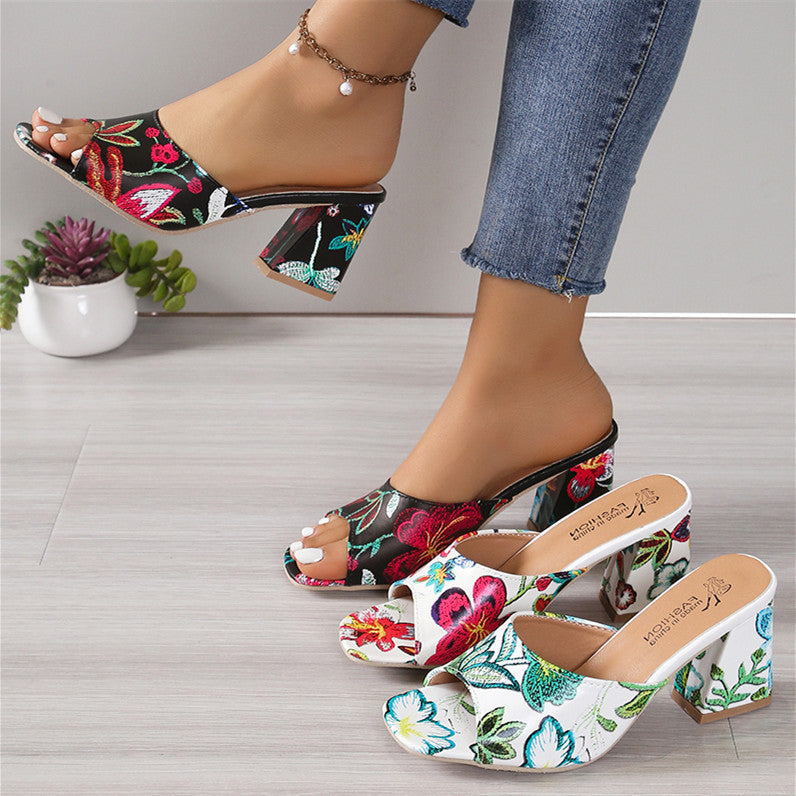 Mules ouvertes pour femmes avec motif floral et talon bloc confortable R&B