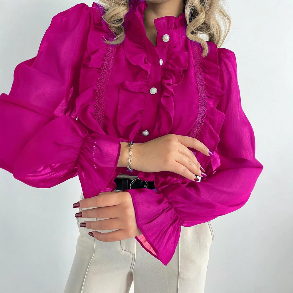 Blouse à volants en chiffon pour femmes avec col montant et boutons en perles