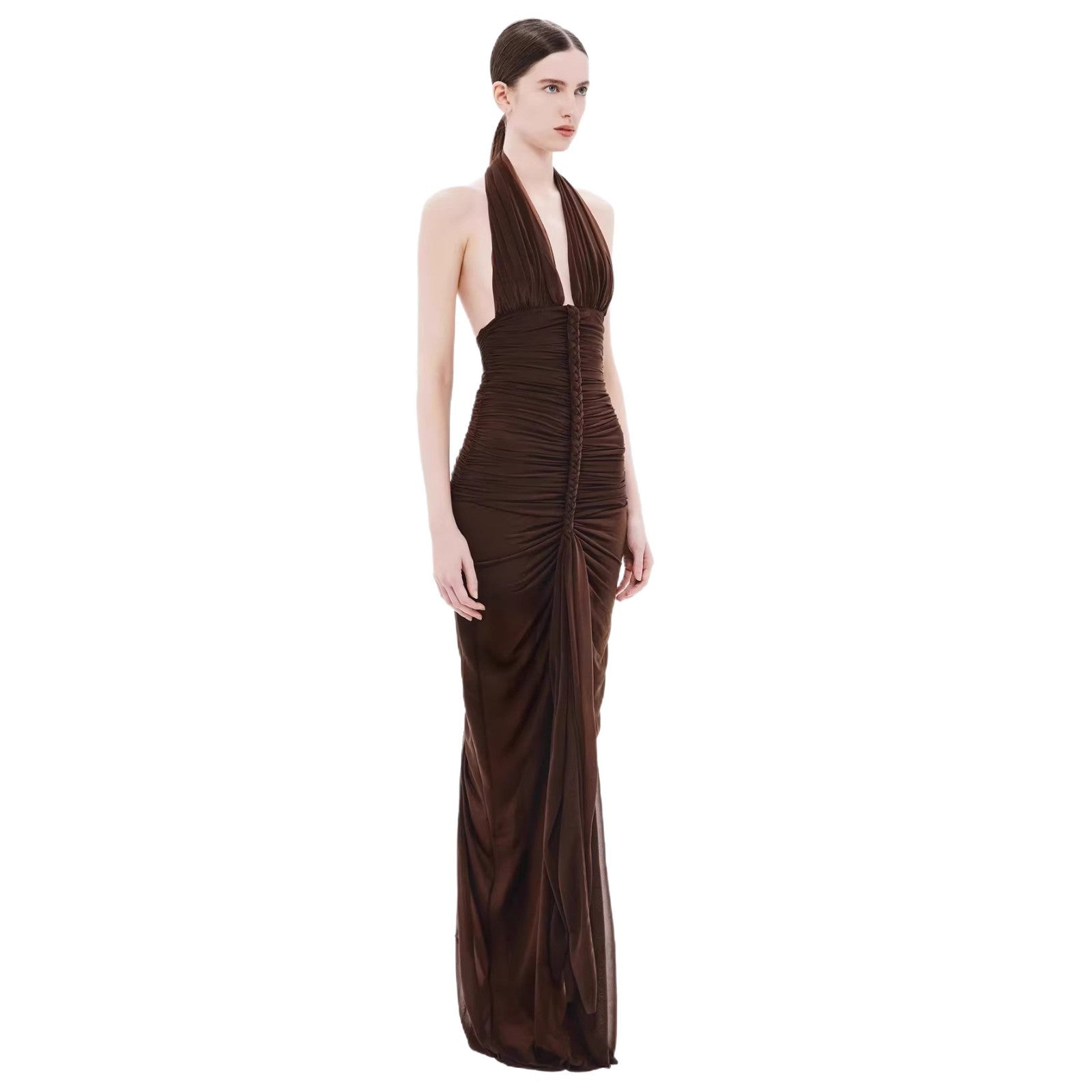 Robe maxi froncée exquise pour femmes avec décolleté en V profond et drapés élégants Heidi-Mode