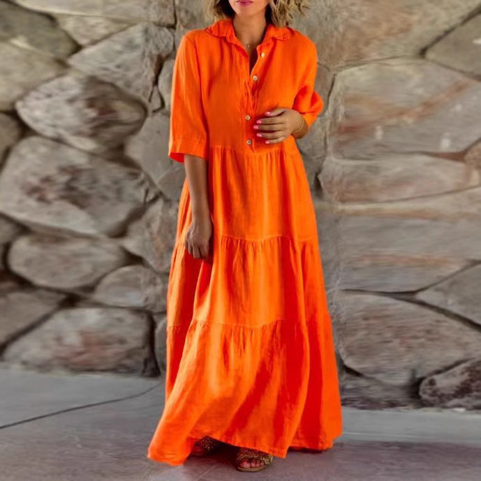 Robe maxi à volants en mélange de lin d'été pour femmes avec col chemise, taille froncée et manches mi-longues R&B