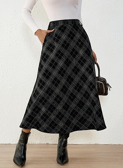 Jupe midi à carreaux en A pour femmes avec taille haute et poches latérales