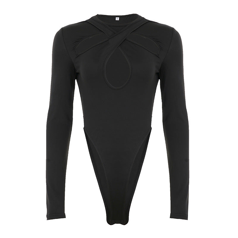 Body à manches longues pour femmes avec un design croisé raffiné et taille haute R&B