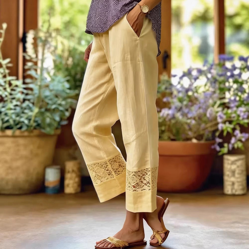 Pantalon léger en lin pour femmes avec accents en dentelle R&B