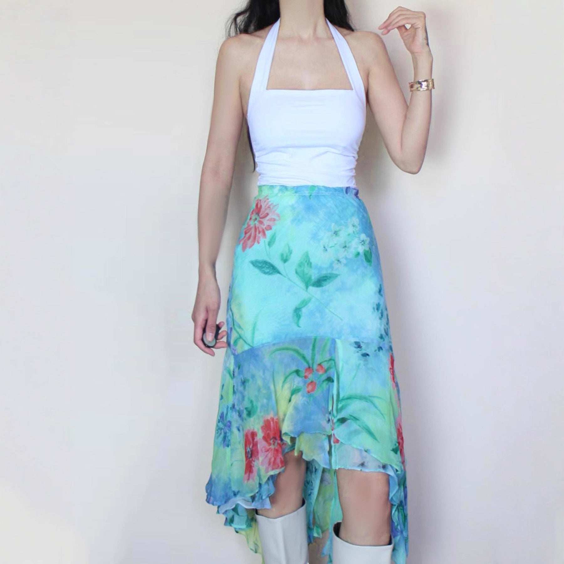 Jupe portefeuille pour femmes avec design floral et finition en volants volumineux - Heidi Mode