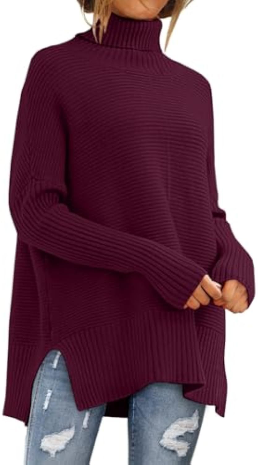 Pull à col roulé oversize en maille côtelée pour femmes avec fentes latérales et ourlet allongé
