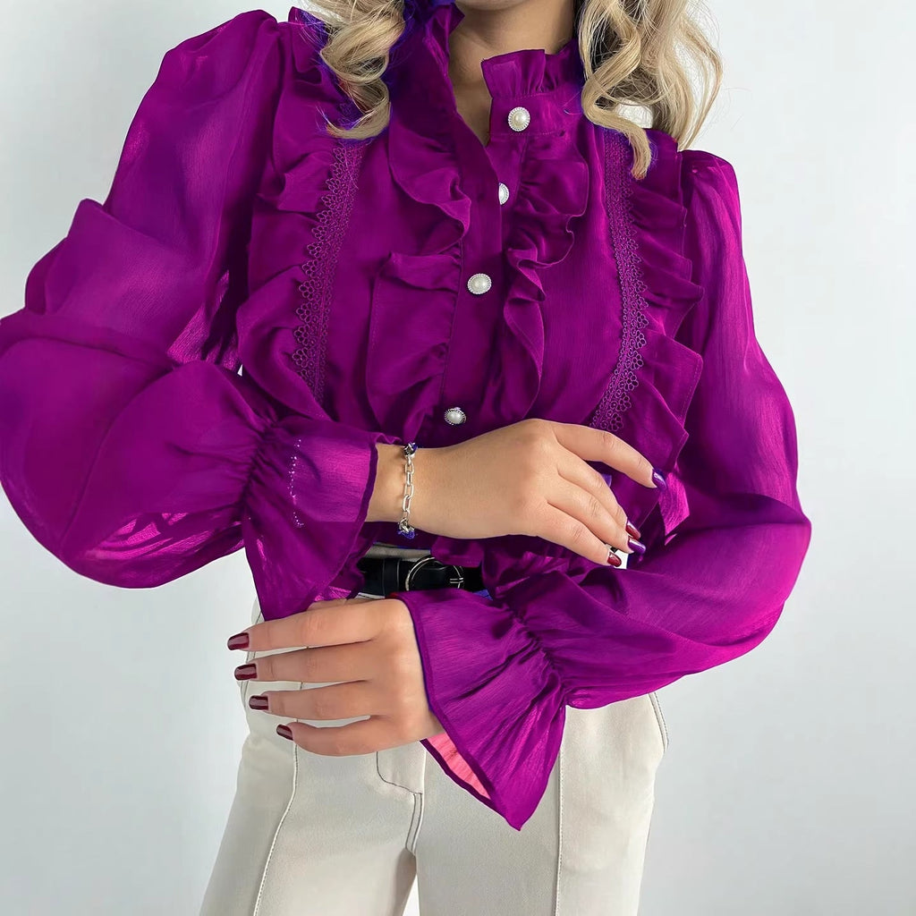 Blouse à volants en chiffon pour femmes avec col montant et boutons en perles