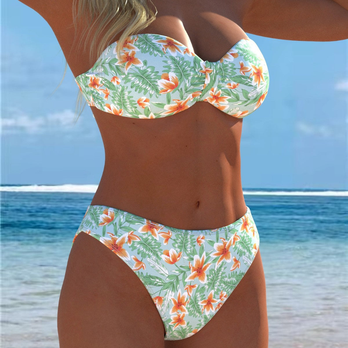 Bikini bandeau pour femmes avec un motif de plumes unique et une taille haute R&B