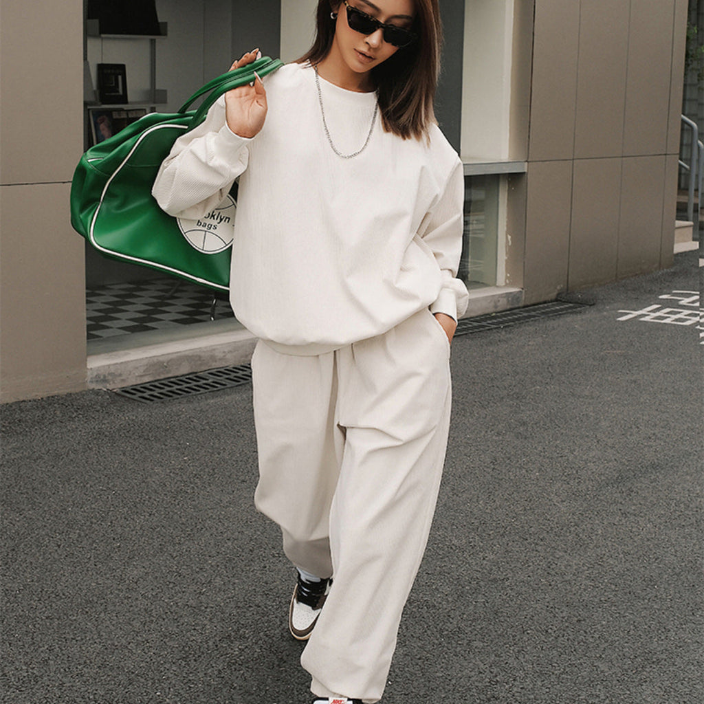 Ensemble Lounge Oversize Femme en Jersey Texturé avec Col Rond et Pantalon Élastique