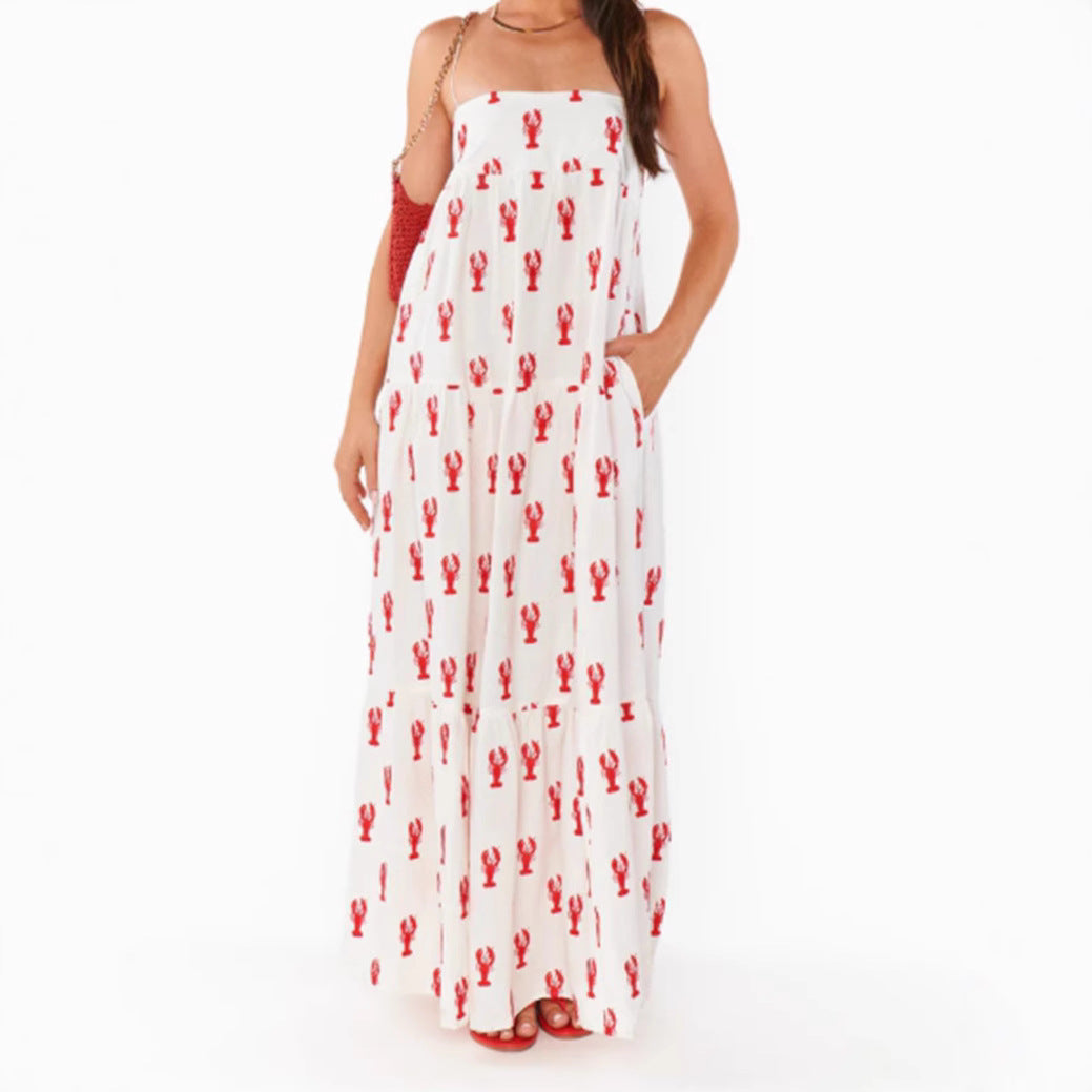 Robe maxi bandeau sans bretelles pour femme avec jupe à volants en cascade et motif homard maritime R&B