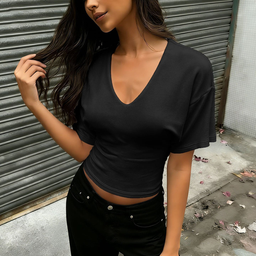 T-shirt cropped décontracté pour femmes avec décolleté en V et manches oversized R&B