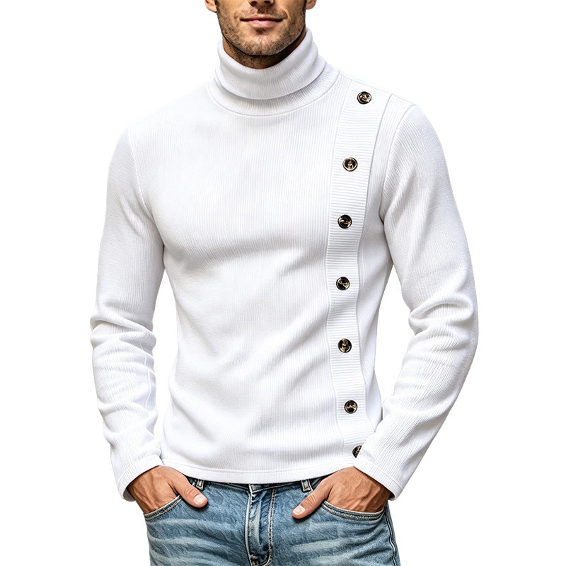 Pull à col roulé Slim-Fit pour hommes avec patte de boutonnage décorative asymétrique en maille côtelée Echoarchiv
