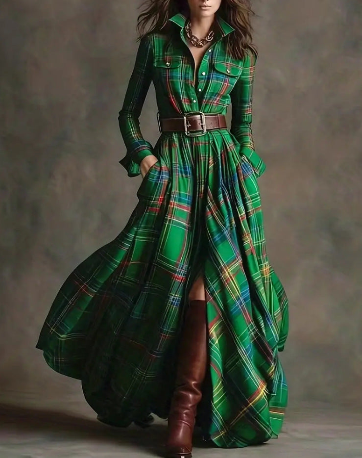 Robe Maxi à Carreaux pour Femmes avec Haut de Chemise, Taille Cintrée et Poches Latérales Echoarchiv