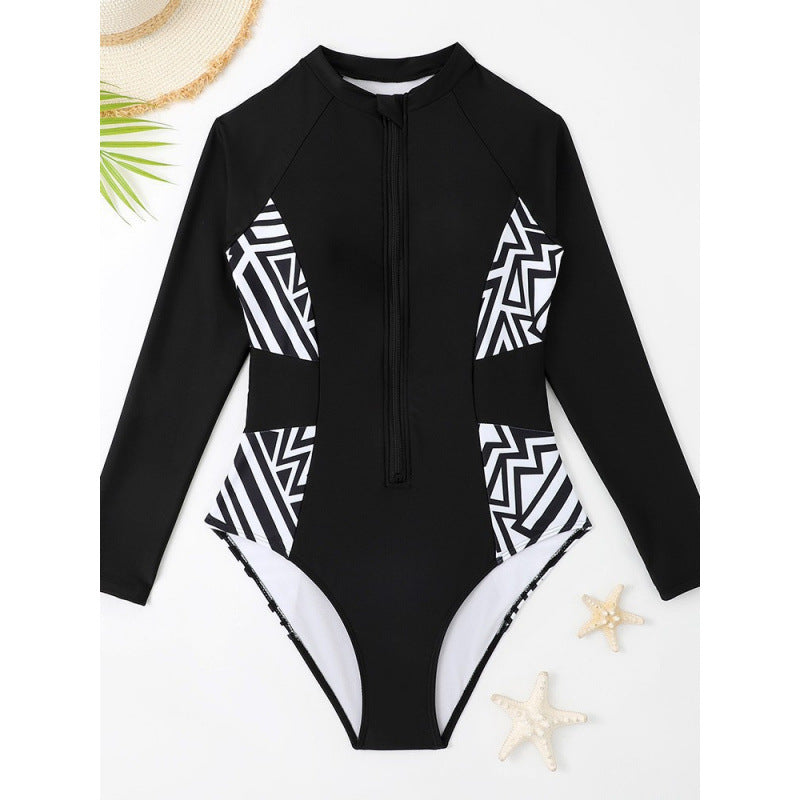 Maillot de bain femme Rashguard avec fermeture éclair et design géométrique R&B