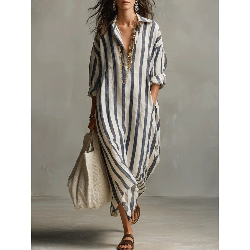 Robe chemise longue à rayures pour femmes en look lin avec décolleté en V et poches passepoilées Echoarchiv