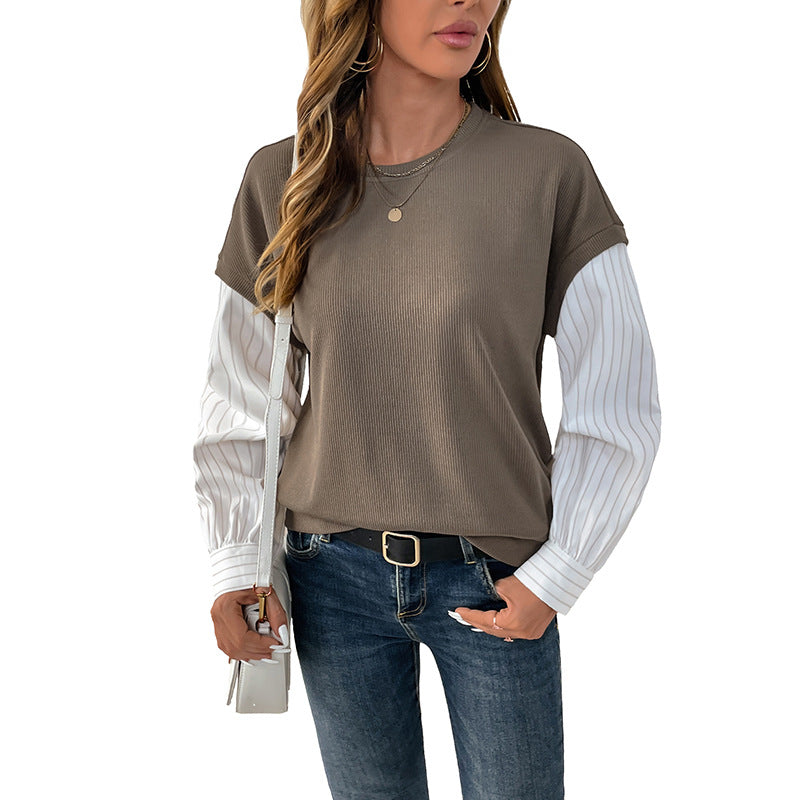 T-shirt long casual pour femmes avec haut en rib et manches de blouse rayées Echoarchiv