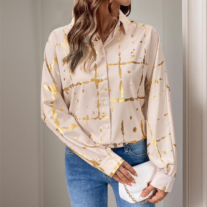 Blouse élégante à manches longues pour femmes avec impression en feuille d'or, col chemise et coupe décontractée Echoarchiv