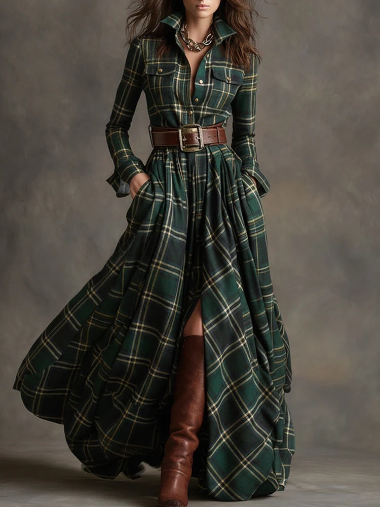 Robe Maxi à Carreaux pour Femmes avec Haut de Chemise, Taille Cintrée et Poches Latérales Echoarchiv