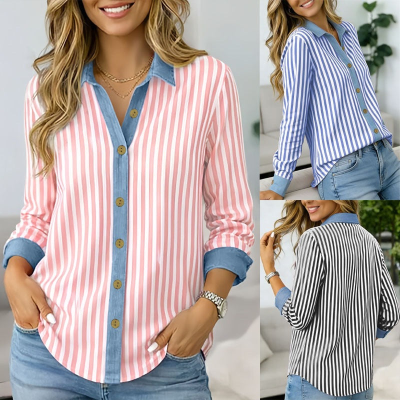 Blouse à rayures pour femmes avec bord contrasté et boutons en bois Echoarchiv