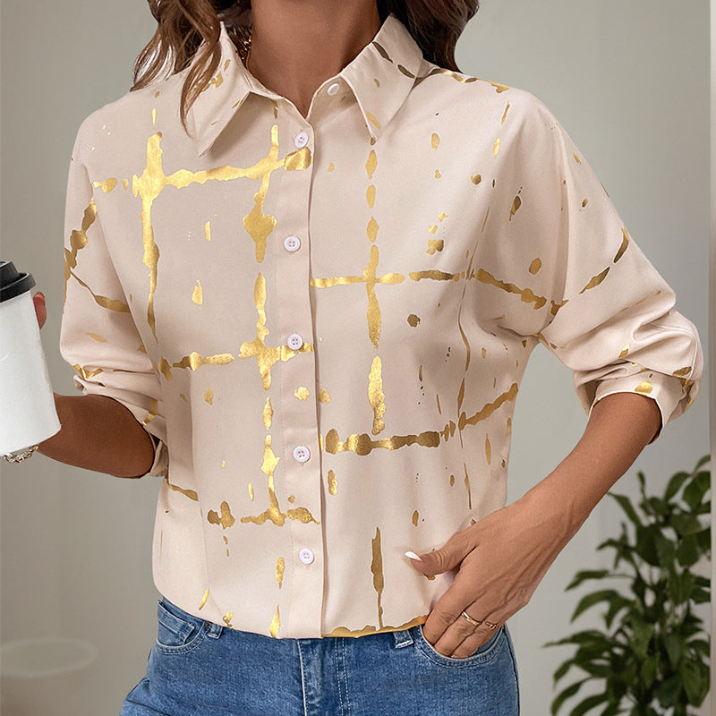 Blouse élégante à manches longues pour femmes avec impression en feuille d'or, col chemise et coupe décontractée Echoarchiv