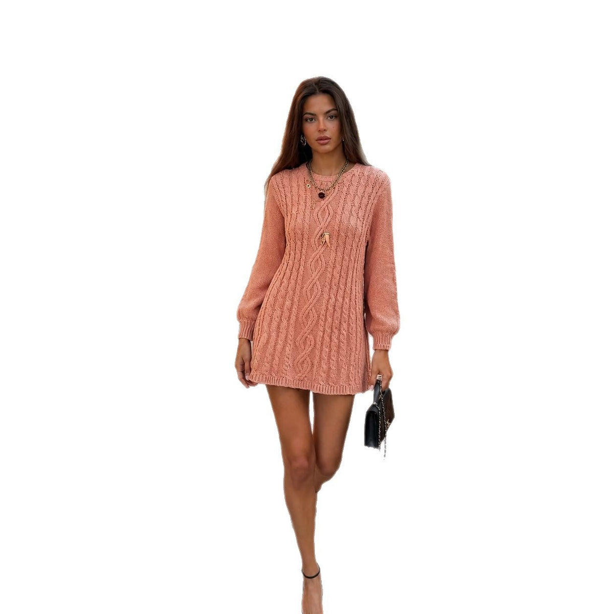 Robe en tricot pour femmes avec motif torsadé et manches ballon
