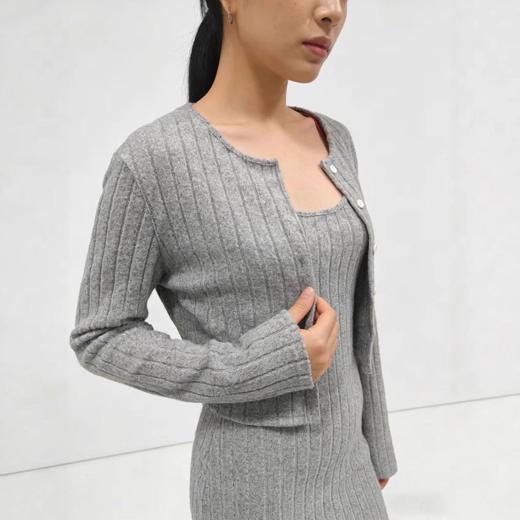 Robe en tricot côtelé pour femmes avec cardigan court assorti