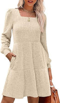 Robe Minikleid A‑Ligne Tricotée pour Femmes avec Décolleté Carré, Jupe à Volants et Poches Latérales
