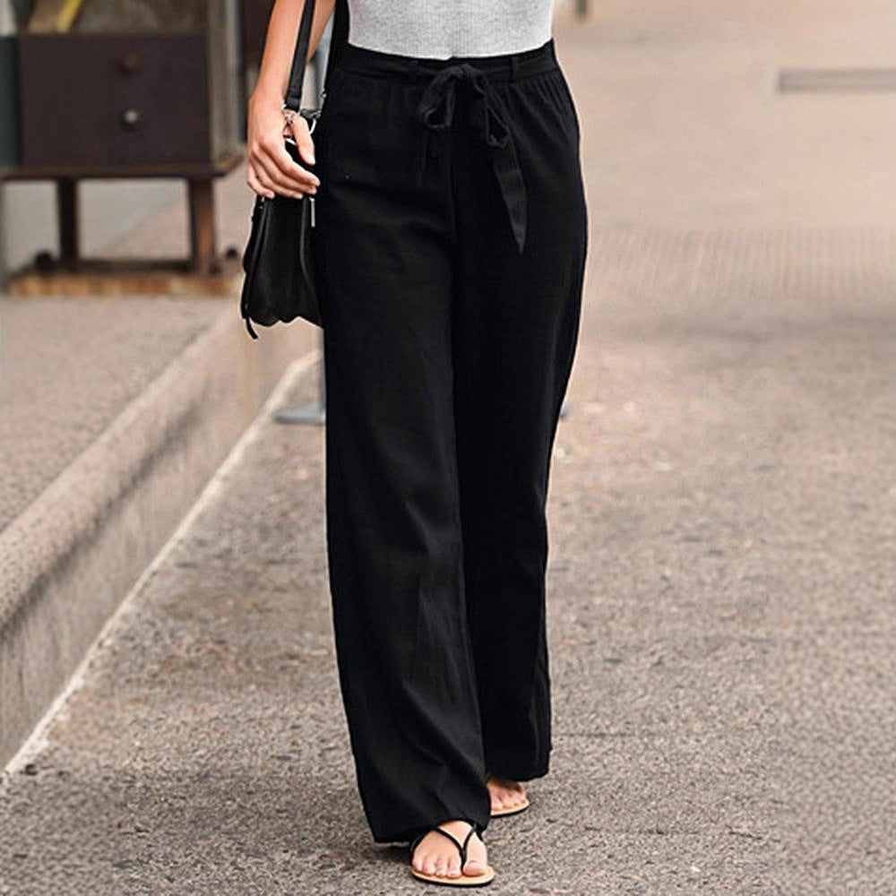Pantalon large de lounge pour femmes avec taille élastique haute et cordon décoratif