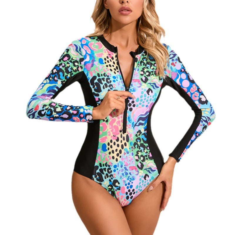 Maillot de bain long à manches pour femmes avec design graphique moderne R&B