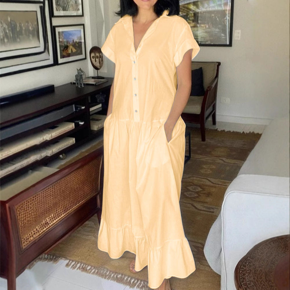 Robe Boutonnée Décontractée pour Femmes avec Poches et Ourlet Volant R&B