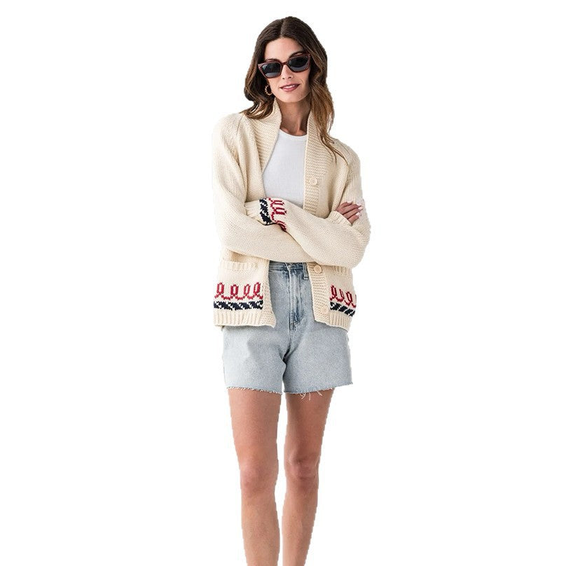 Cardigan en tricot oversize pour femmes avec motif de baleine et bordure nautique Echoarchiv
