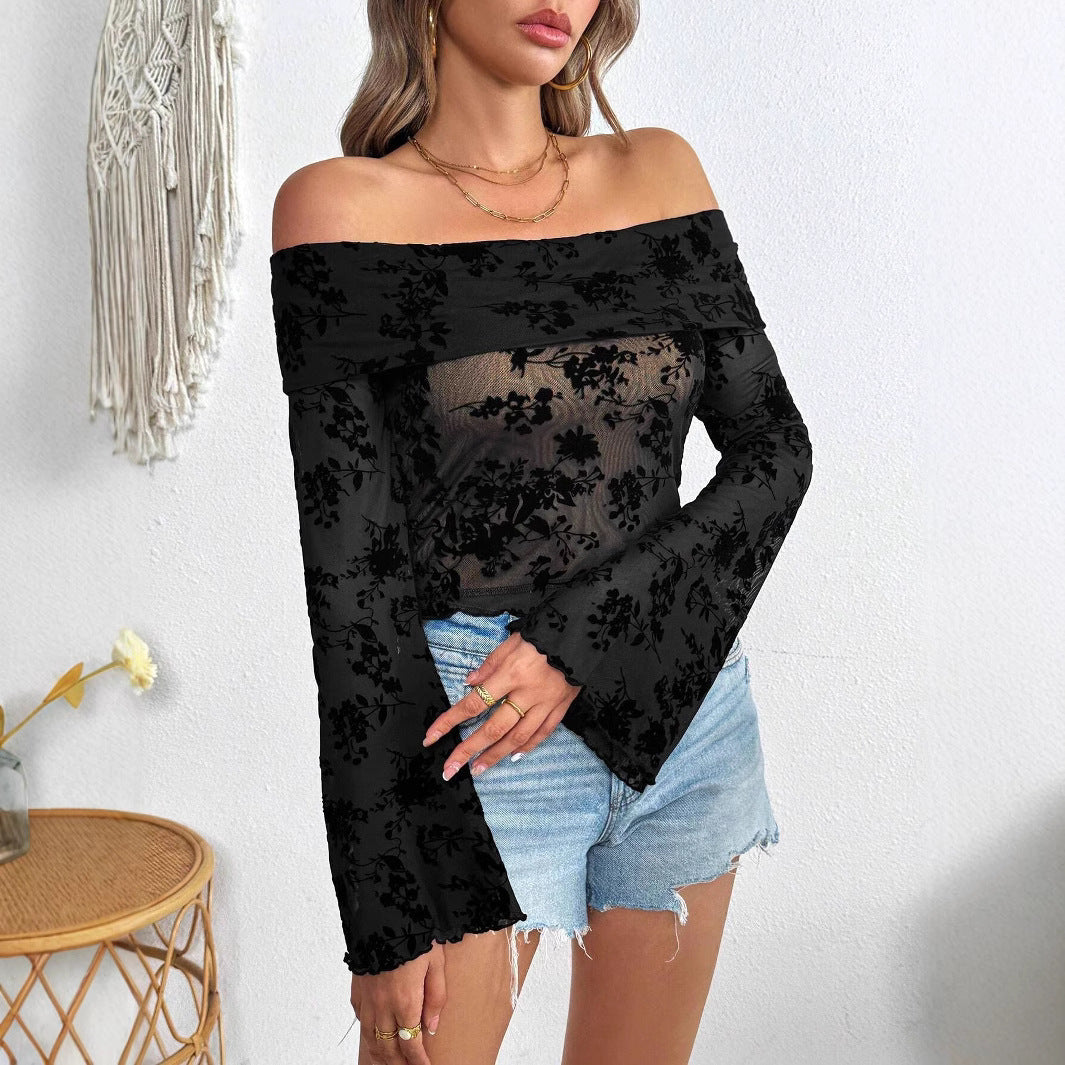 Top en résille sans manches pour femmes avec application en velours floral, coupe courte et manches trompette R&B