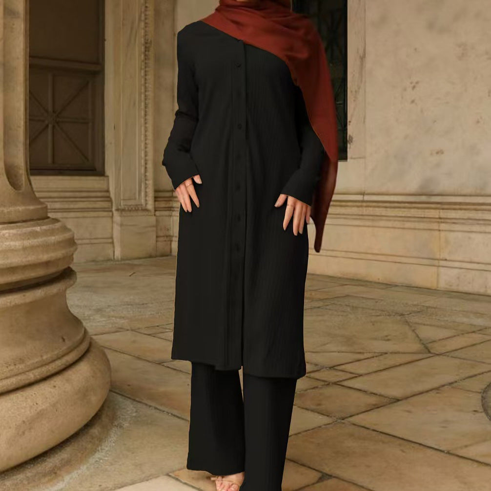 Ensemble tunique à boutons pour femmes avec silhouette droite, manches longues et large pantalon palazzo