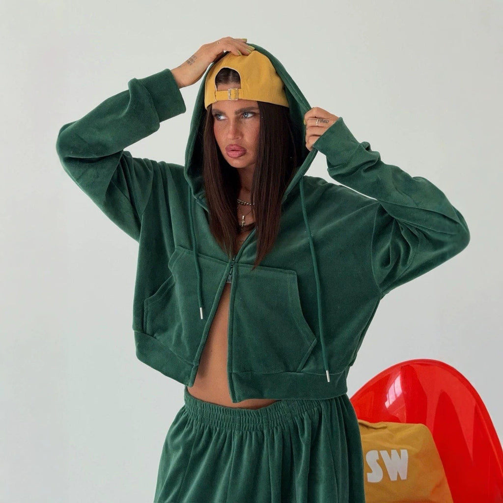 Ensemble Velours Oversize pour Femmes avec Sweat à Capuche Zippé Court et Pantalon à Plis Échoarchiv