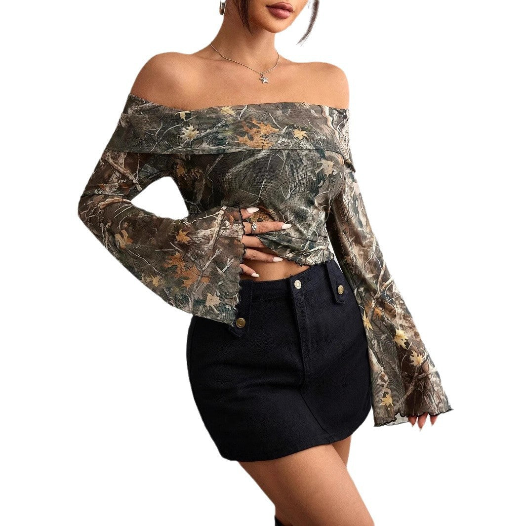 Top à manches longues sans épaules pour femmes avec motif camouflage et manches évasées R&B