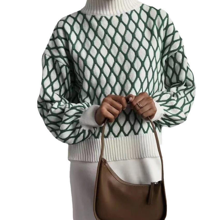 Pull en tricot oversize pour femmes avec motif en losanges et col montant Echoarchiv