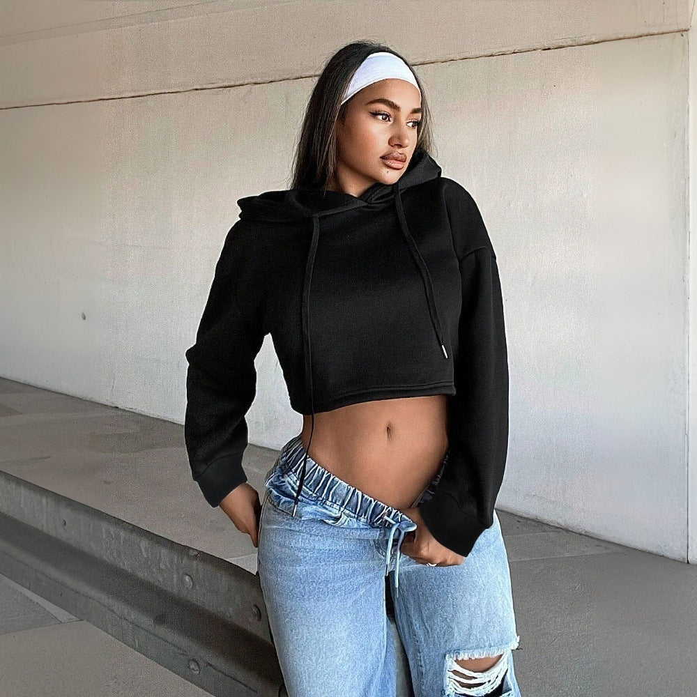 Sweat à capuche court pour femmes Cropped-Hoodie avec cordon de serrage, poignets côtelés et coupe oversize décontractée