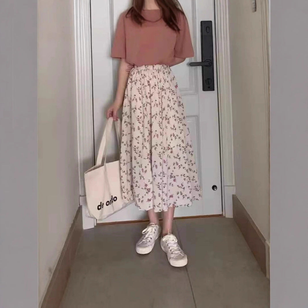 Jupe midi femme avec imprimé floral, taille cintrée à volants et qualité plissée légère